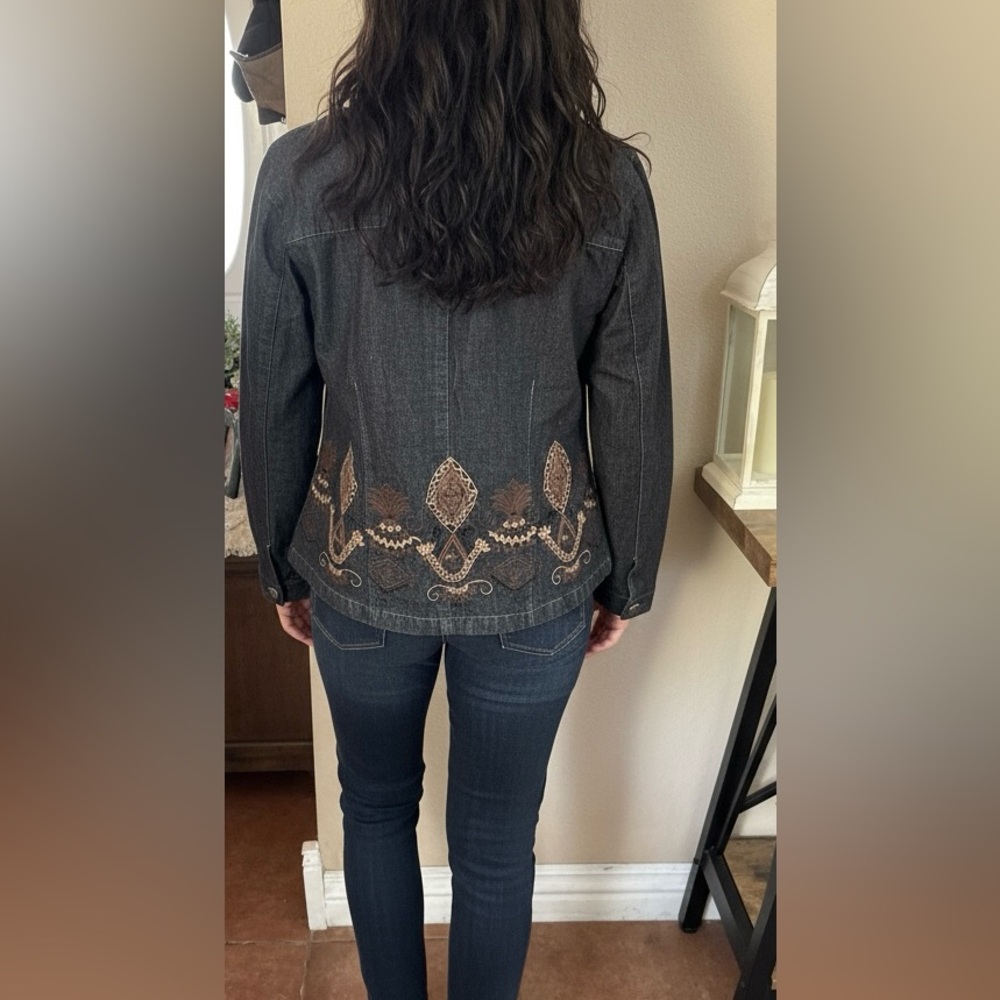 Chico's Black Denim Jacket with Brown Embroidery - Picture 2 of 7